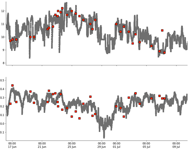 In-line measurement of REA and tall oil in a weak black liquor line recorded by an IRmadillo analyzer (grey) overlaid with laboratory reference data (red)