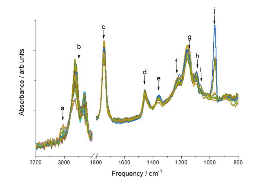 Spectra generated by the IRmadilloDiamond analysis of multiple triglycerides generated to produce a calibration model for iodine value and overlain to clearly show consistency and the key peaks of interest. 